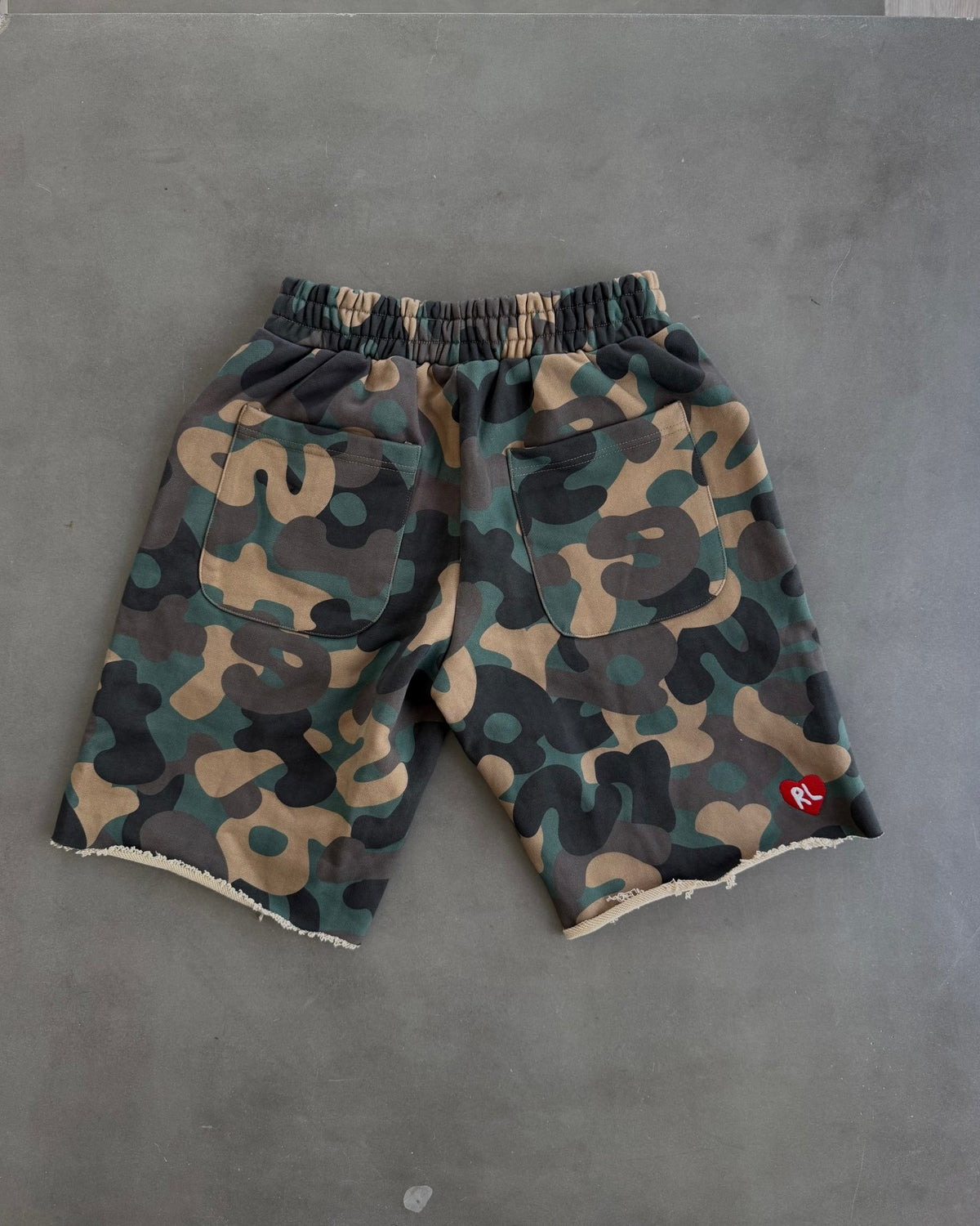 Camo Pearls French Terry Shorts - Red Letters