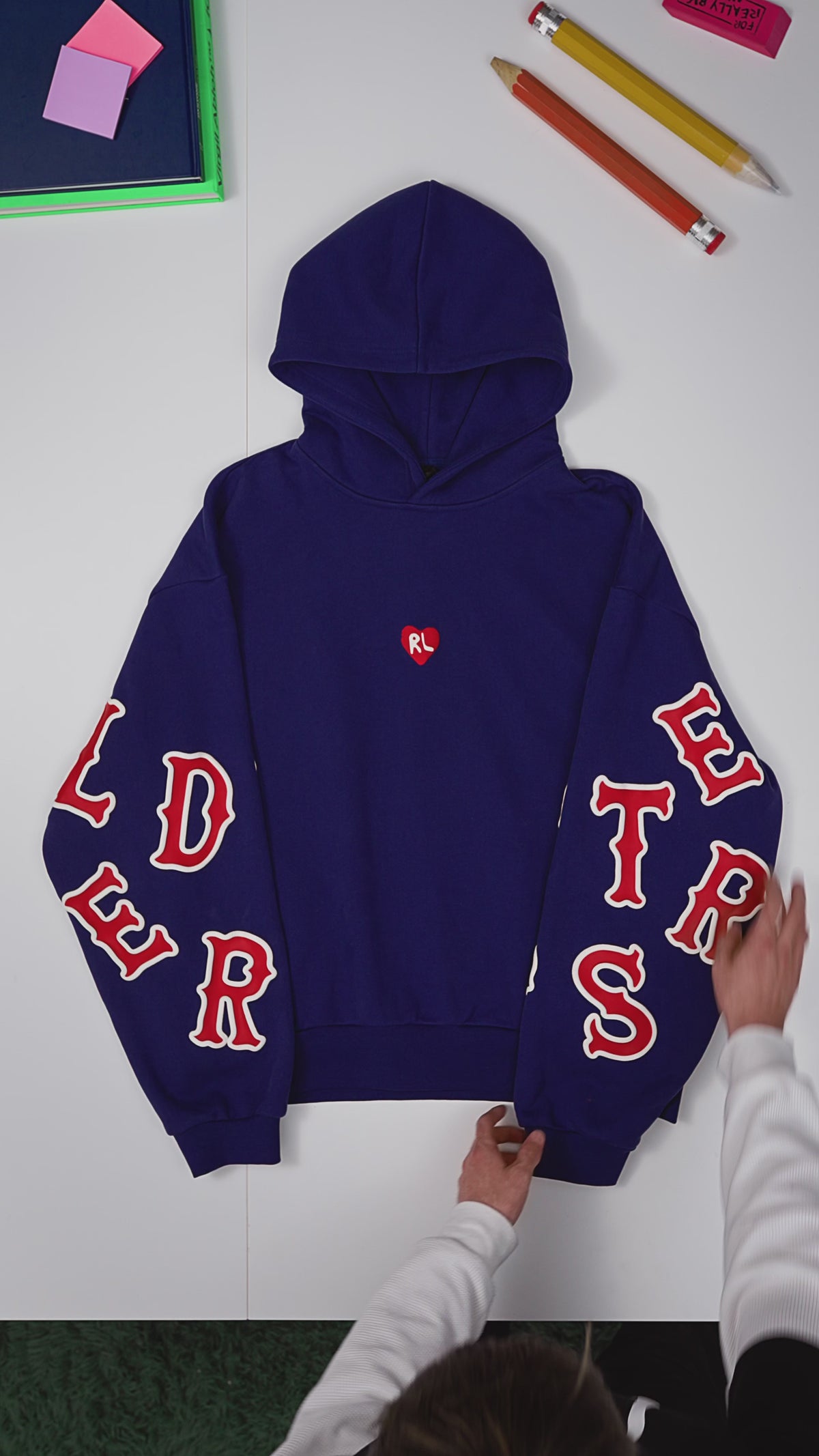 Navy Letters Hoodie — flat-lay video, front