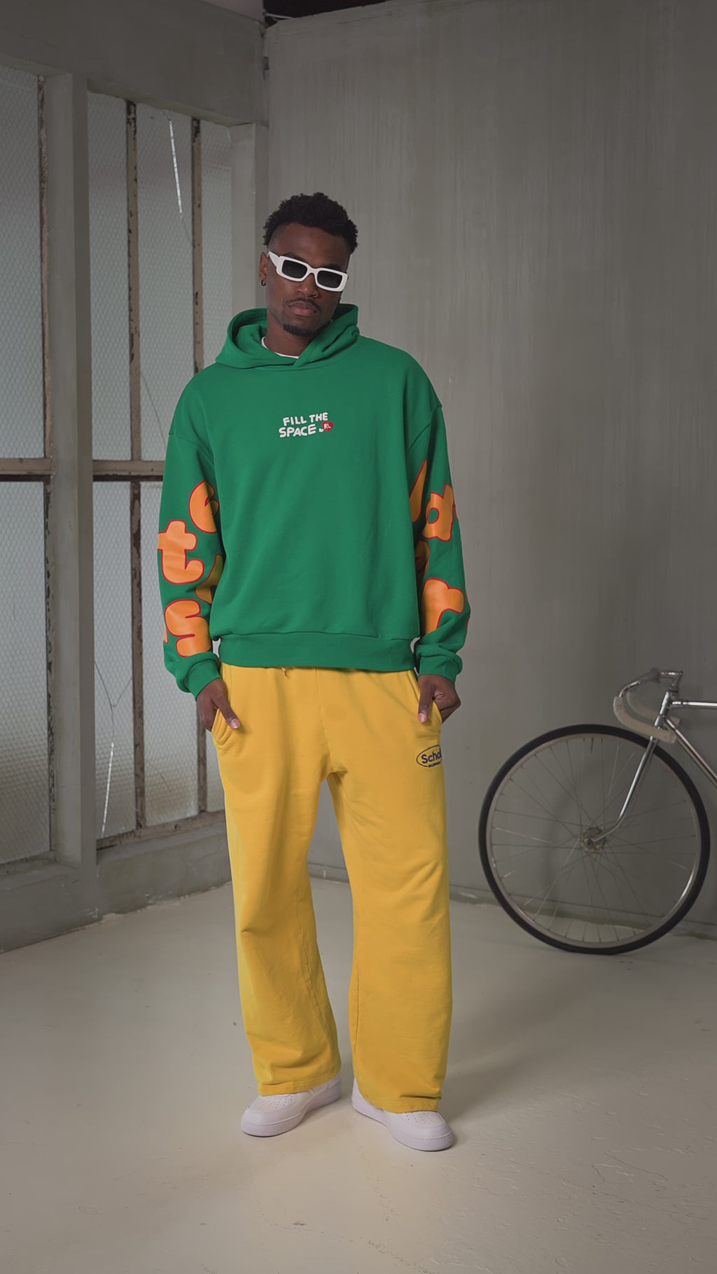Green Letters Hoodie — on-body video, front, wide