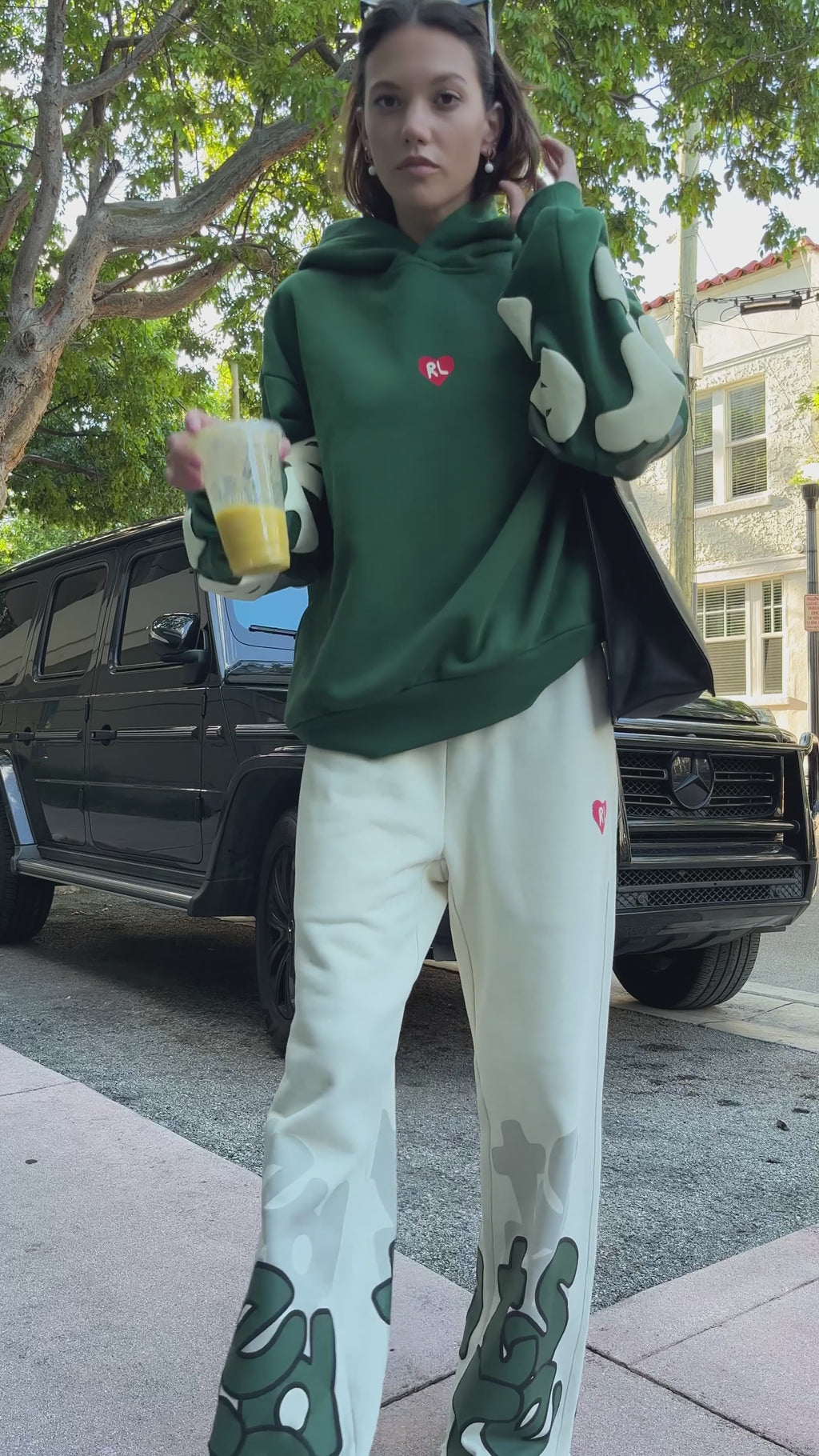 Green Letters Set — on-body video, model 5'10" wearing hoodie M, pants M