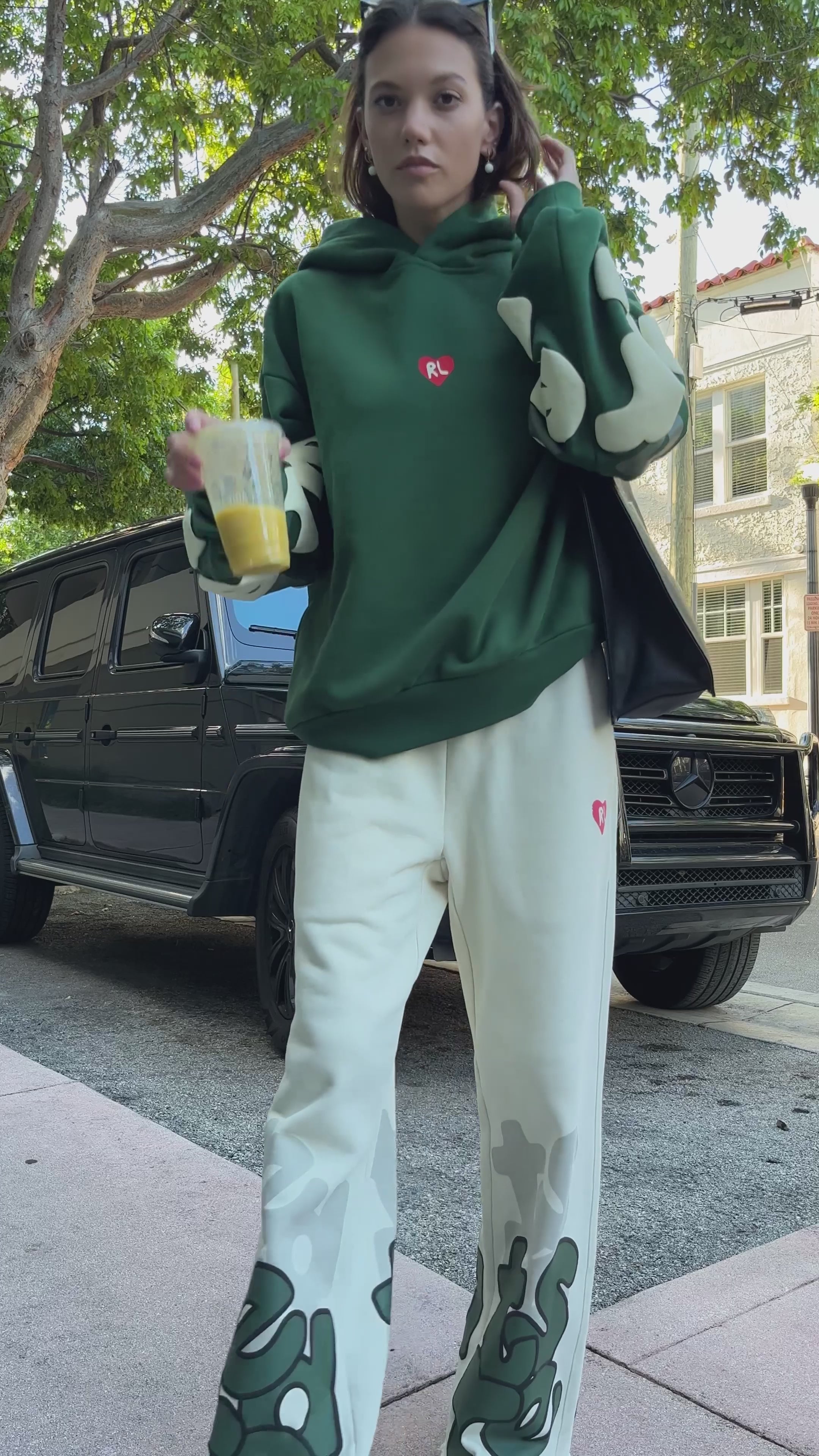 Green Letters Set — on-body video, model 5'10" wearing hoodie M, pants M