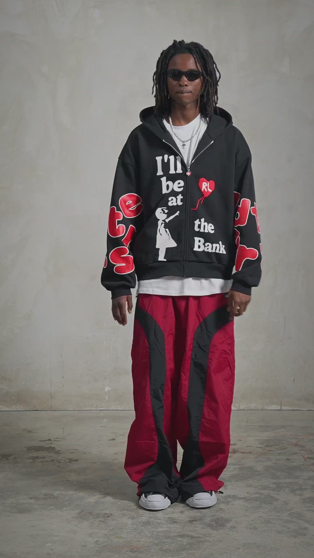 Black Bank Zip-Up Hoodie — studio fit video, front, worn open
