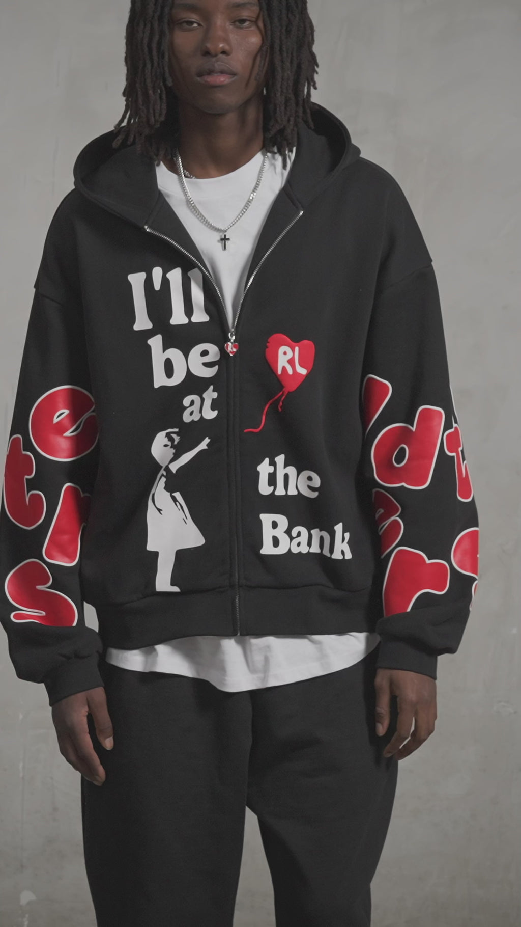 Black Bank Zip-Up Hoodie — studio fit video, front close