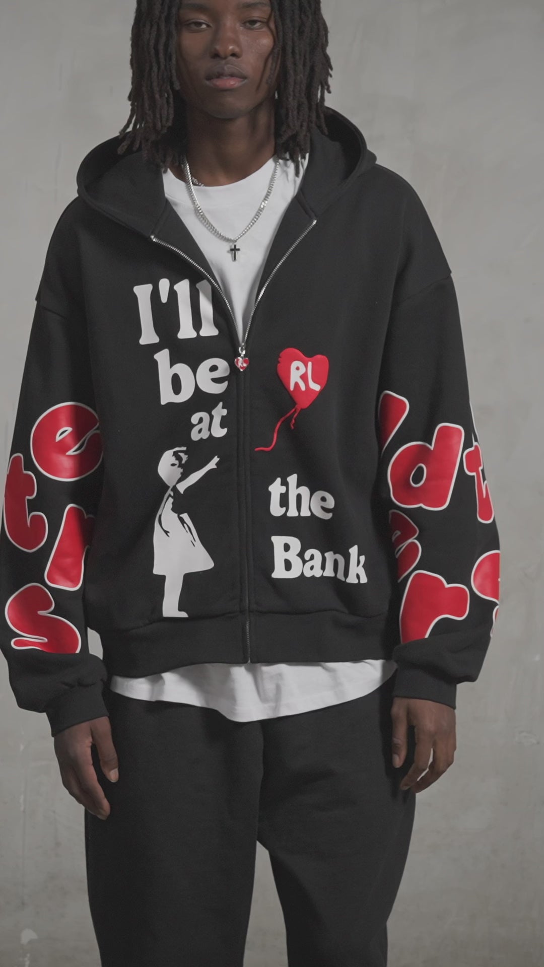 Black Bank Zip-Up Hoodie — studio fit video, front close
