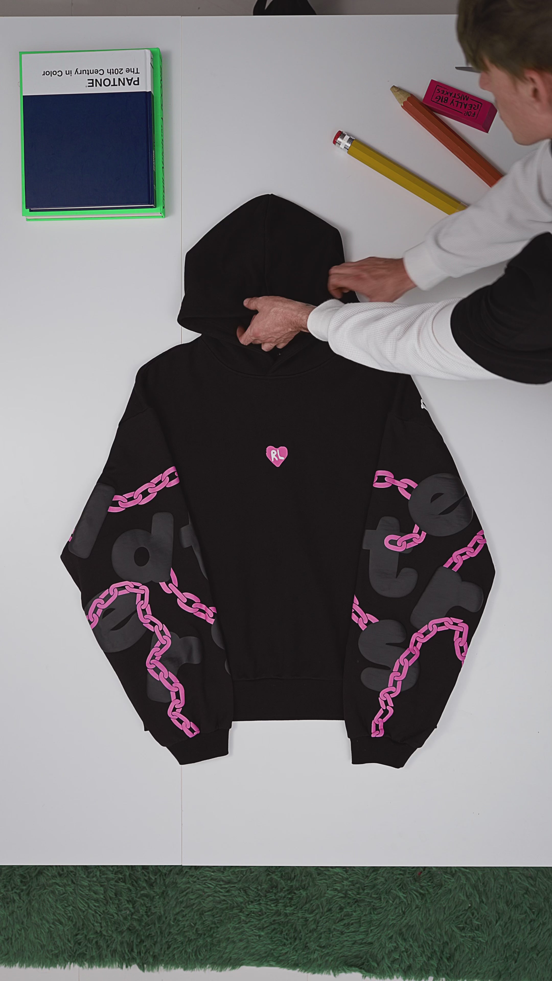 Pink Hearts Hoodie — flat-lay video, front