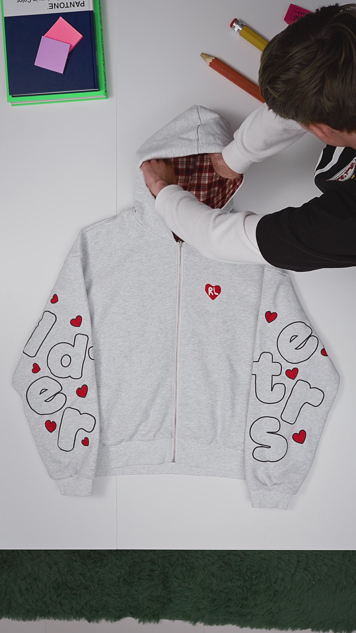 Gray Letters Zip-Up Hoodie — flat-lay video, plaid hood
