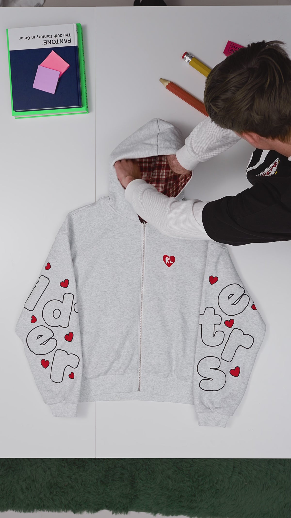 Gray Letters Zip-Up Hoodie — flat-lay video, plaid hood