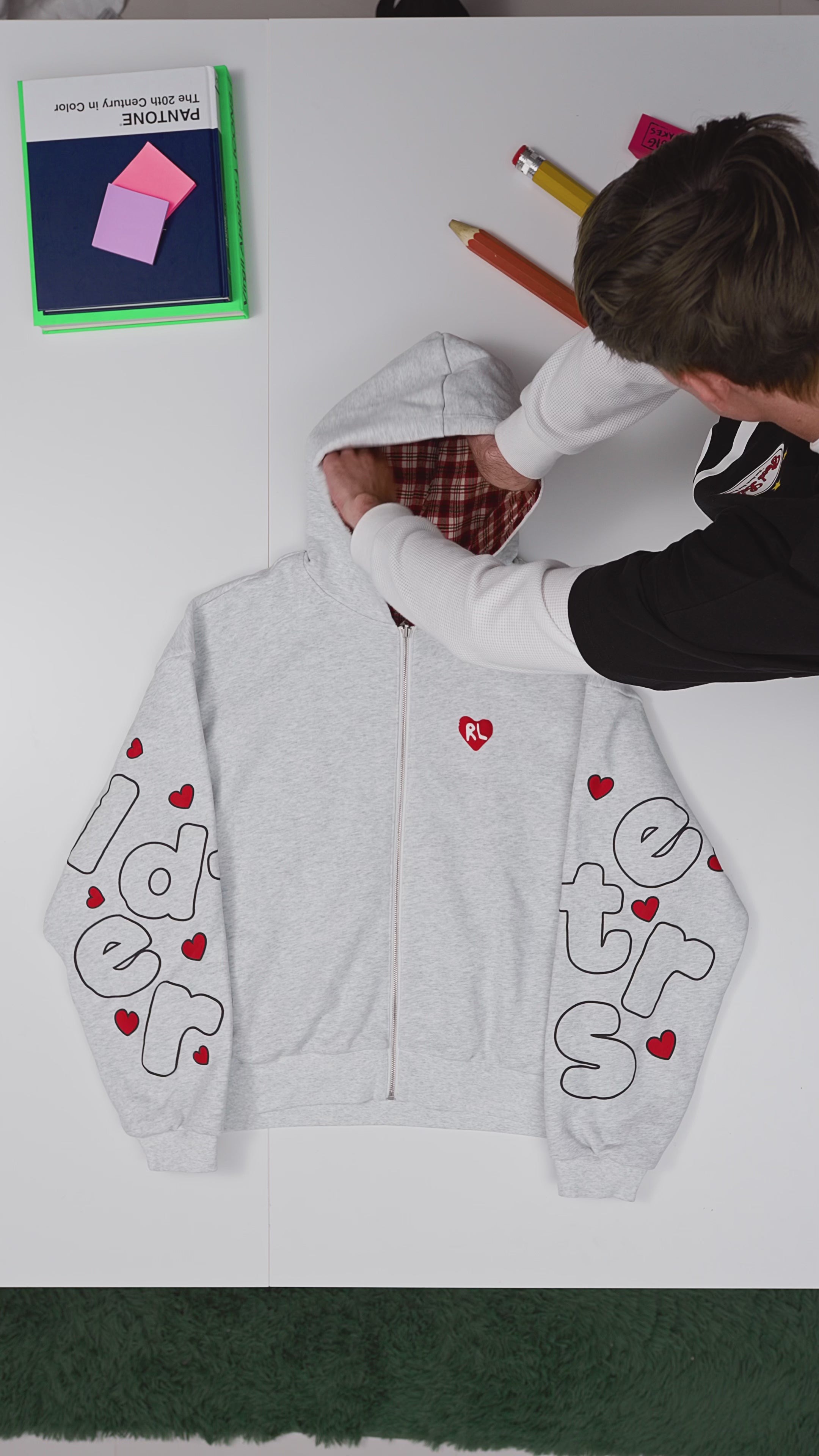 Gray Letters Zip-Up Hoodie — flat-lay video, plaid hood