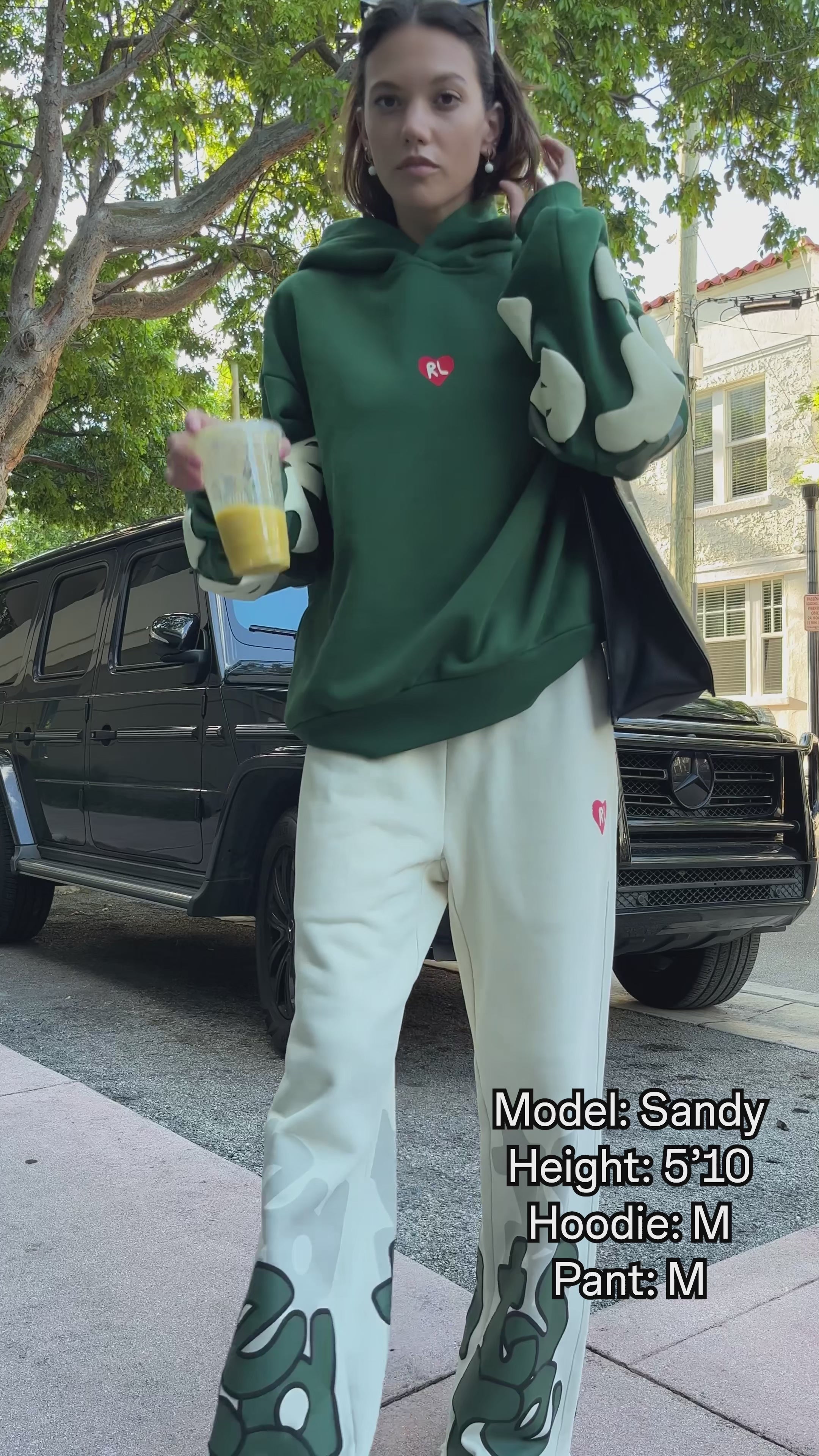 Green Letters Set — on-body video, model 5'10" wearing hoodie M, pants M