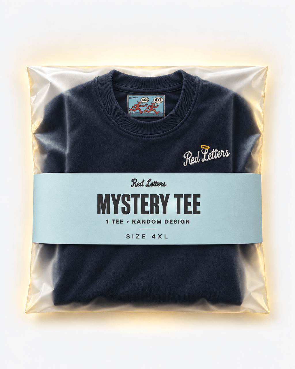 Red Letters Mystery Tee, size 4XL, with a stitched illustrated neck tag, subtle embroidered chest logo and pool blue packaging. One tee, random design.