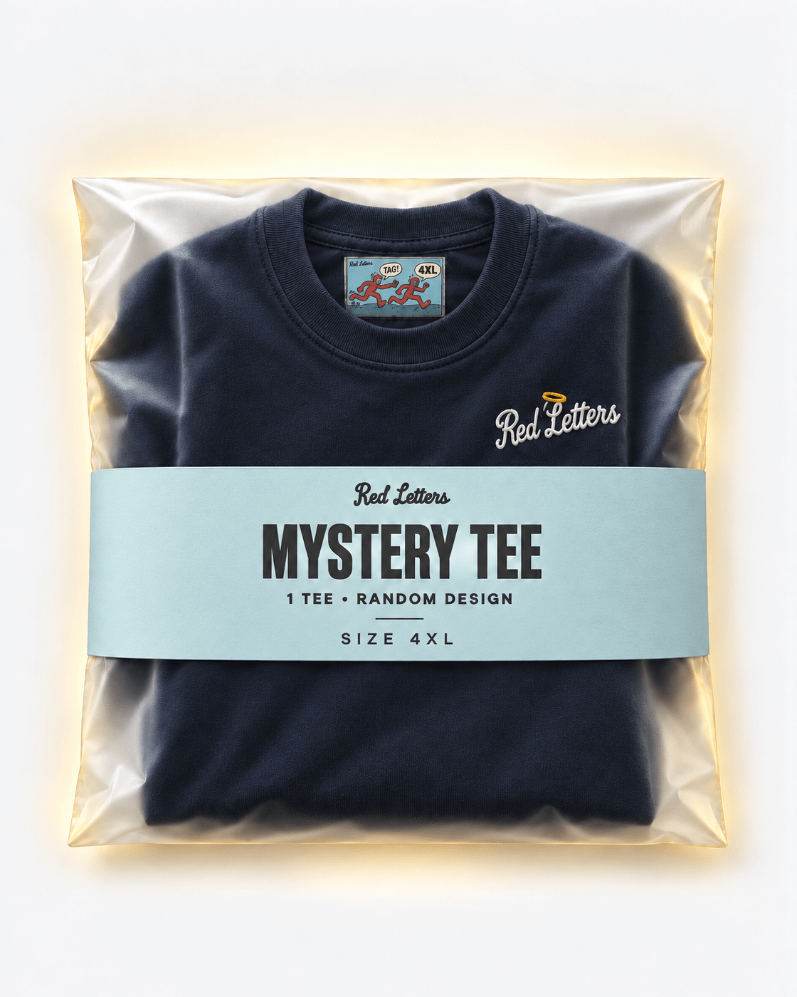 Red Letters Mystery Tee, size 4XL, with a stitched illustrated neck tag, subtle embroidered chest logo and pool blue packaging. One tee, random design.