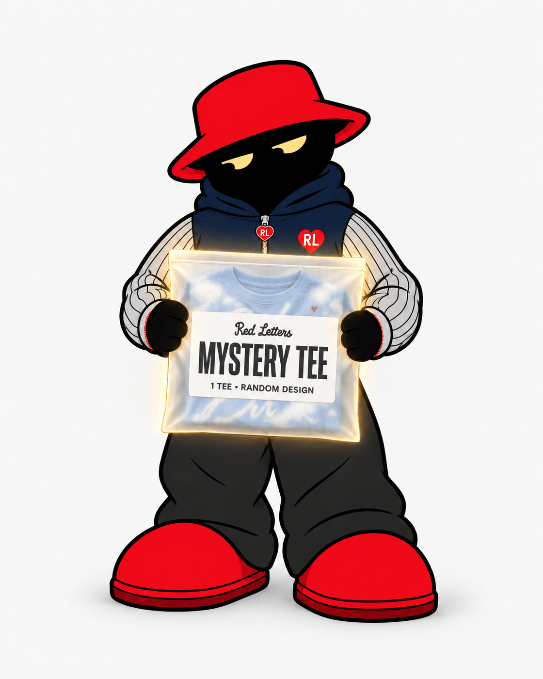 Red Letters character presenting a Mystery Tee with a light blue and white tee inside a frosted sleeve, surrounded by a soft gold glow. One tee, random design.