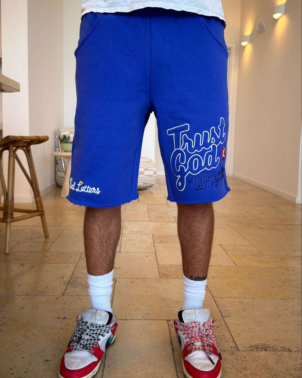 Trust God French Terry Shorts - Royal - Red Letters